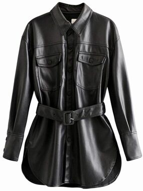 Zara Black Faux Leather Oversized Belted Moto Shacket Jacket